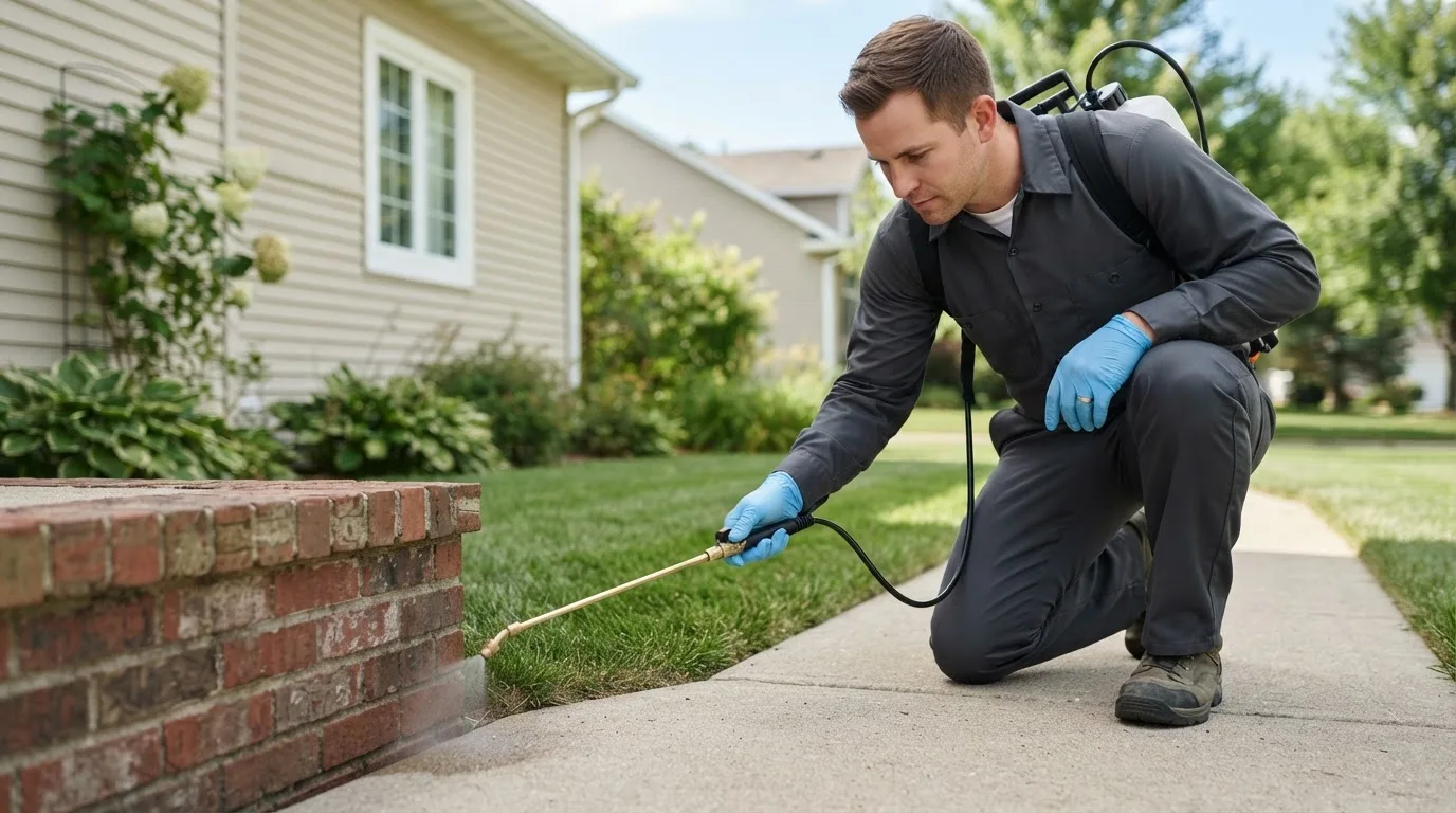 Pest control technician treating a home near Penwell, TX